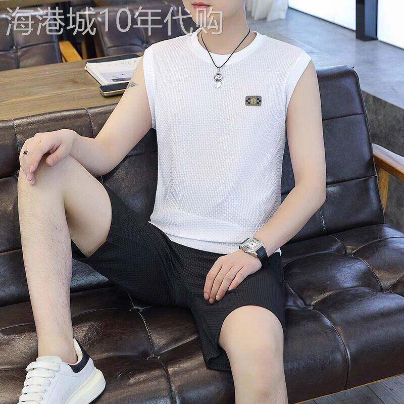 高端冰丝无袖背心休闲套装男士2025新款夏季五分短裤搭配一套男款