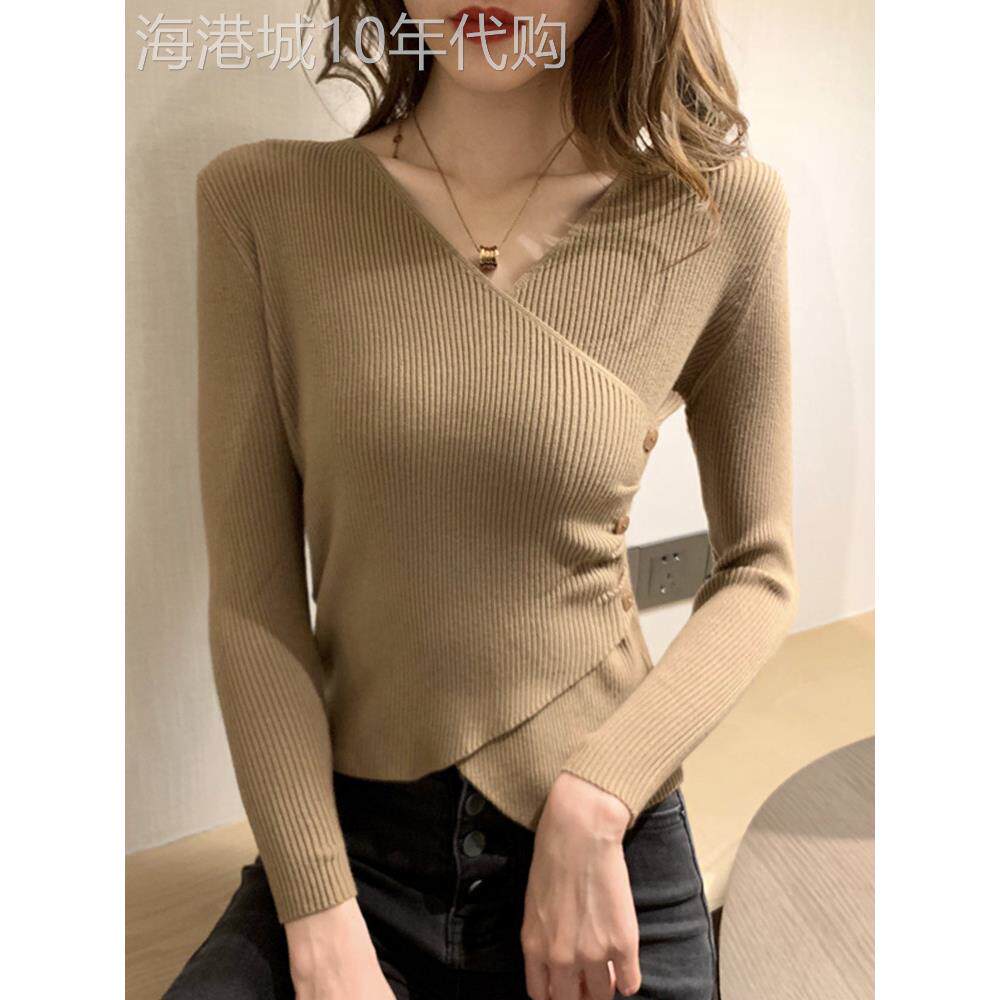 V领紧身打底衫女春季长袖内搭2025年新款洋派交叉上衣女外穿毛衣