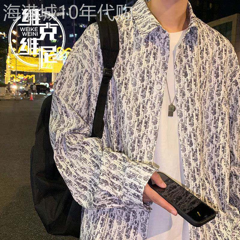 日系几何印花长袖衬衫男潮牌春秋韩版潮流休闲宽松大码衬衫外套