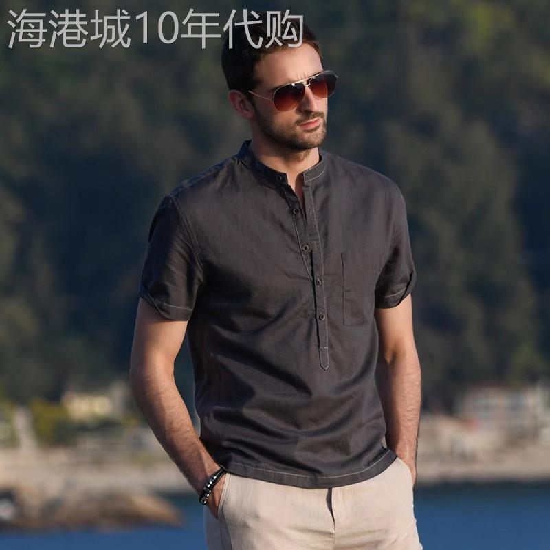 高端纽扣半开领短袖T恤男士2026新款纯色亚麻感半袖体恤夏季男款