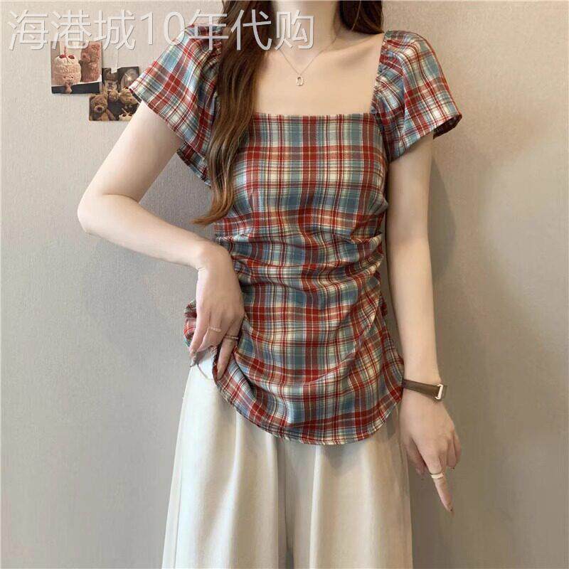 正肩飞飞袖方领格纹短袖t恤女夏季微胖mm大码设计感修身收腰上衣
