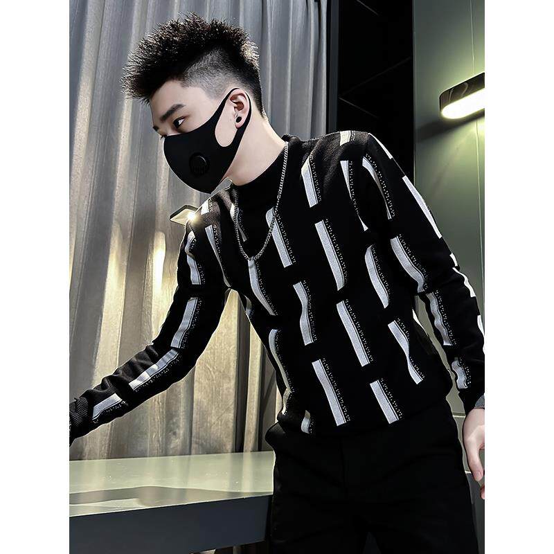 韩版条纹毛衣男高级感内搭针织衫秋冬季新款痞帅修身半高领打底衫