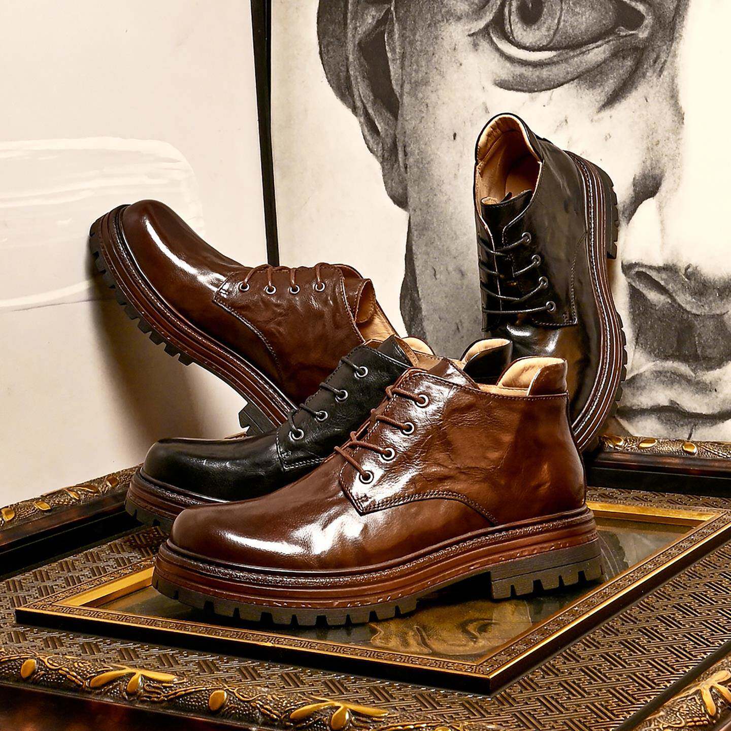 高端马丁靴男款中帮皮鞋英伦风真皮厚底短靴男士头层牛皮工装男靴