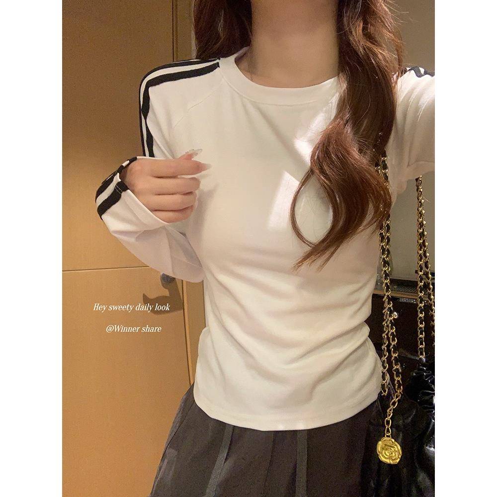 韩国2025白色条纹长袖T恤女春秋修身插肩时尚内搭打底衫上衣秋冬