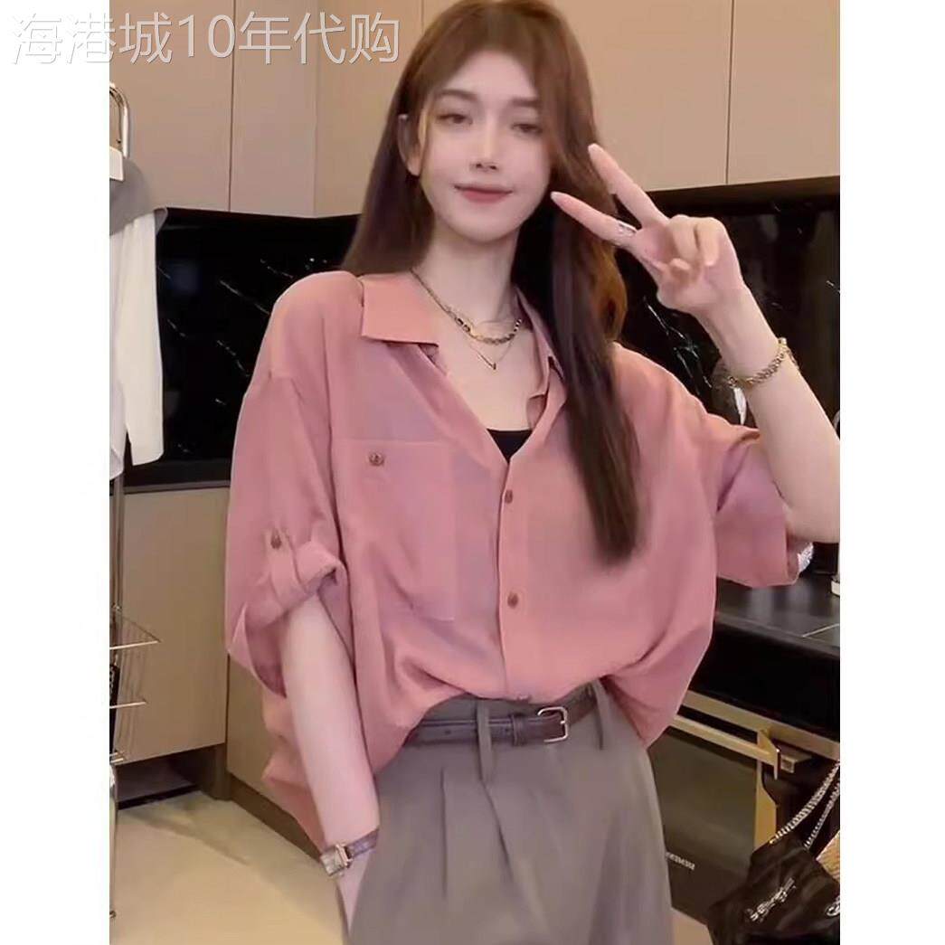 粉色衬衫女秋夏新款欧货宽松显瘦配吊带的五分袖雪纺衬衣休闲上衣