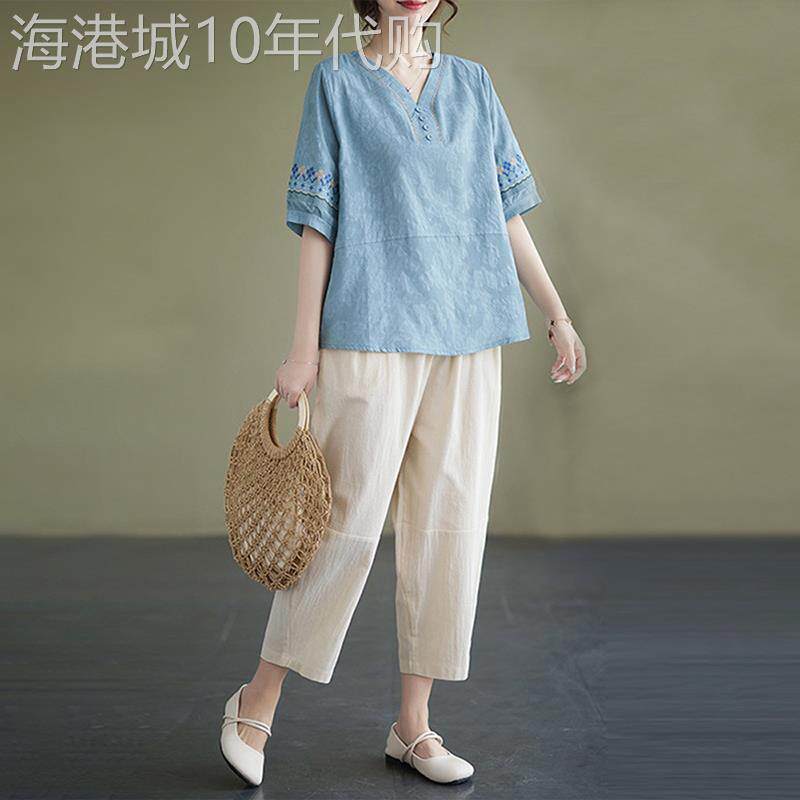 潮牌妈妈套装女夏季新款中老年洋派棉麻亚麻大尺码T恤休闲裤两件