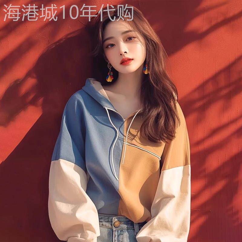 几何拼色连帽卫衣女春秋季新款时尚洋气减龄显瘦今年流行漂亮上衣