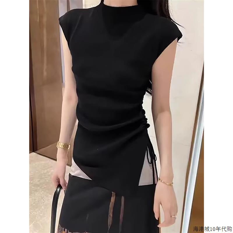 2025夏季新款半高领针织t恤女后背镂空设计感抽绳修身超好看短袖
