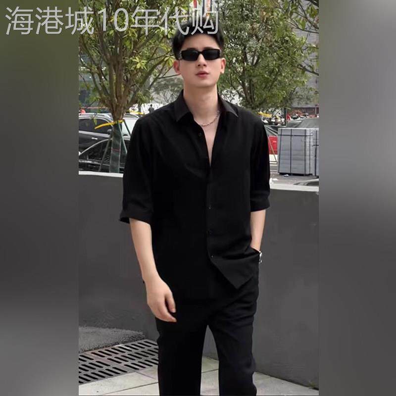高端冰丝黑色五分袖衬衫男士2026年新款夏季韩版无痕短袖衬衫男款