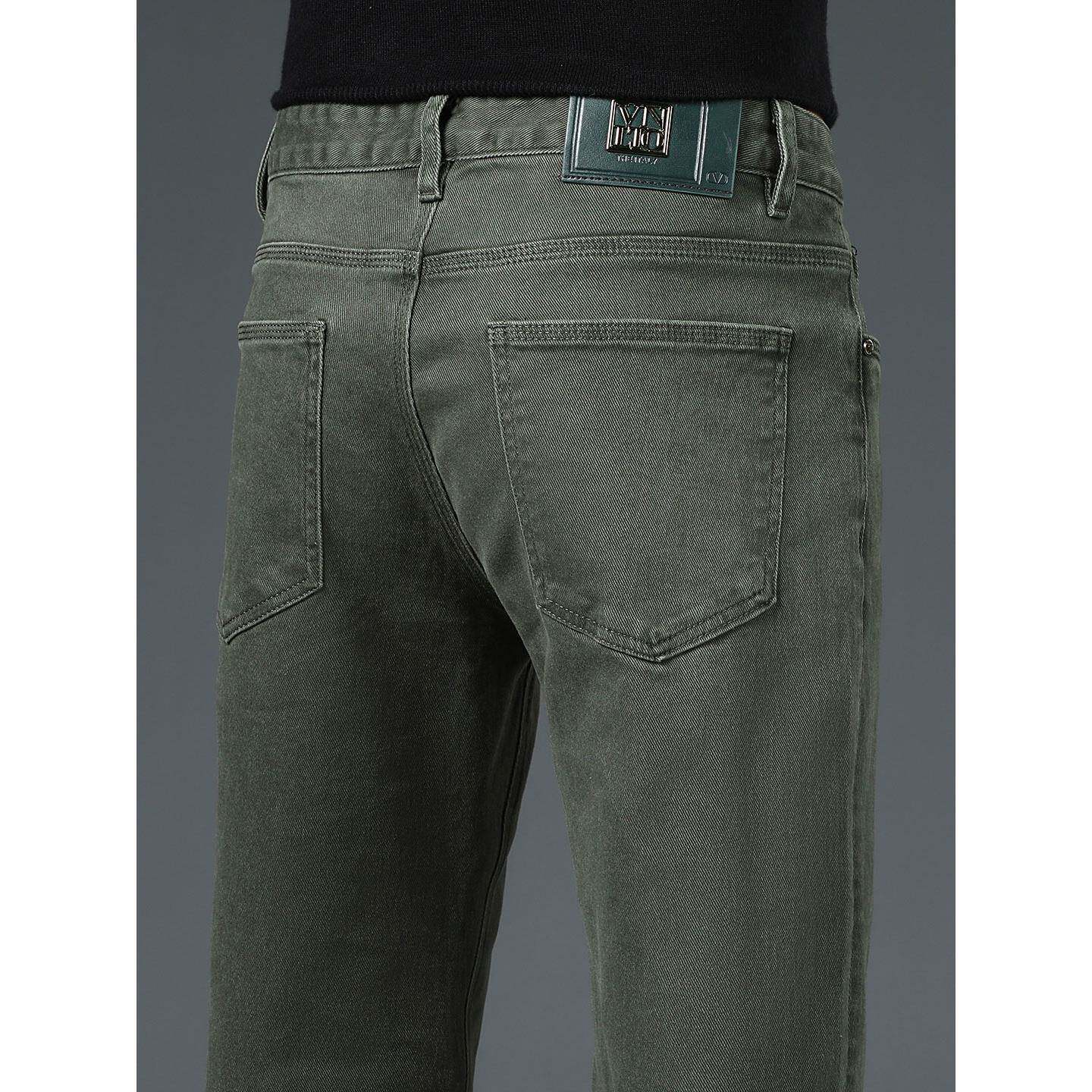 香港纯棉军绿色牛仔裤男春秋款直筒修身2025新款弹力休闲长裤子