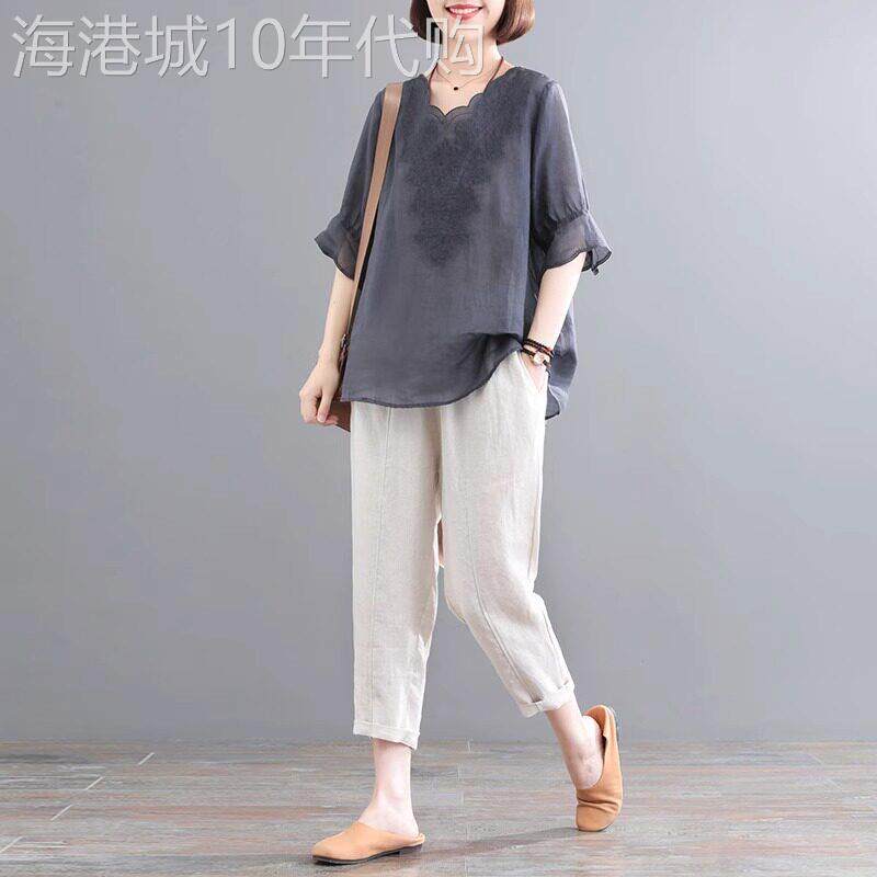 潮牌中年妈妈套装女夏棉麻短袖刺绣衬衫哈伦九分裤复古亚麻两件套