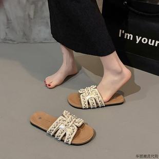 時尚 珍珠涼拖鞋 女夏外穿2025新款 法式 小香風配裙子防滑一字涼拖鞋