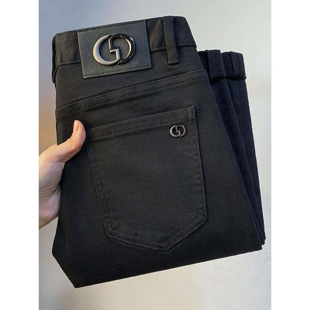 欧洲站轻奢黑色牛仔裤男款秋冬季加绒加厚修身小脚纯棉男士长裤子