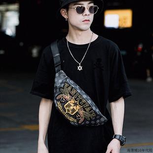 香港潮牌欧美刺绣男真皮胸包韩版青年时尚潮流腰包街头单肩斜挎包