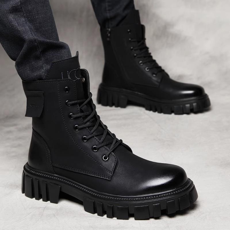 高帮真皮内增高靴子马丁靴男秋季英伦风软皮工装靴潮流加绒皮靴男