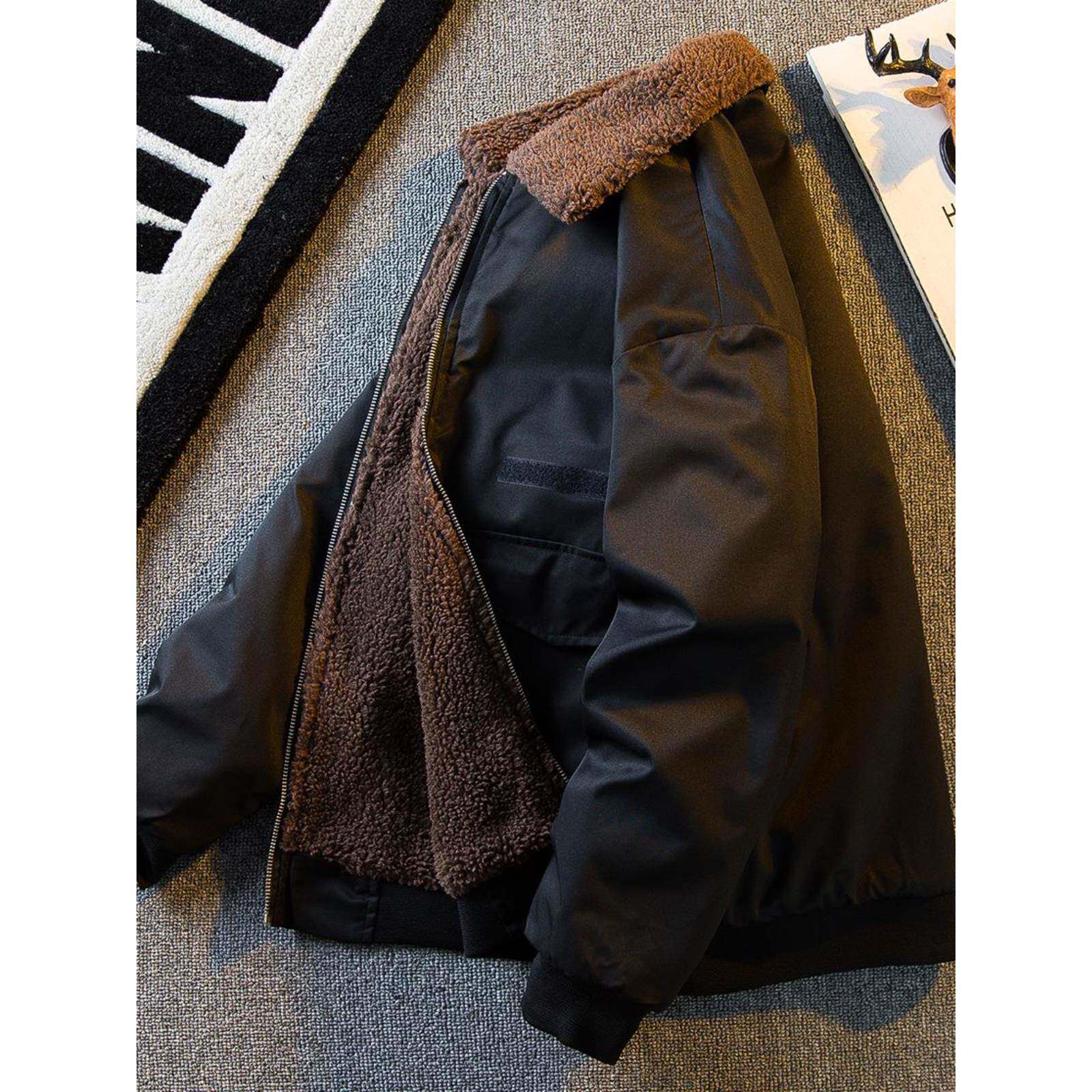 覆古羊羔绒外套男款秋冬季潮牌痞帅加绒加厚棉衣服翻工装休闲夹克