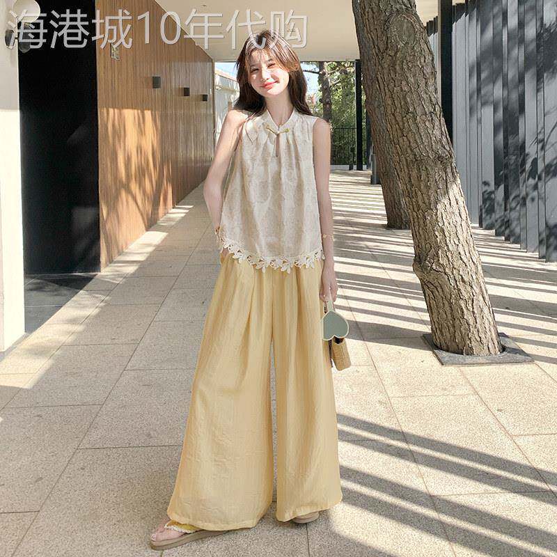 国风新中式套装女2026夏季花边盘扣背心阔腿裤清冷气质显瘦两件套