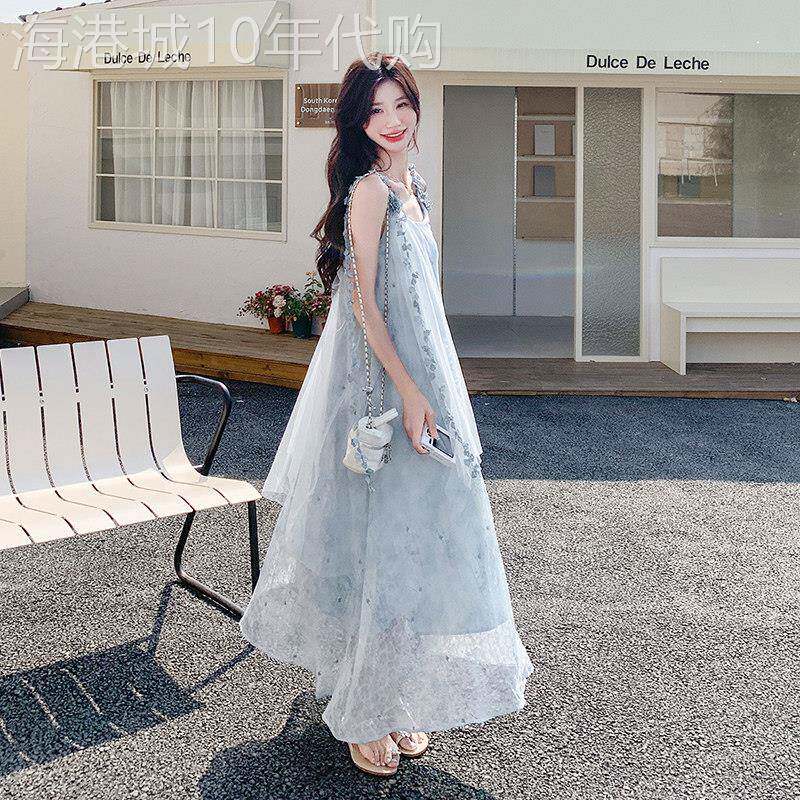 法式超仙立体花朵吊带连衣裙女2026夏季海边度假绝美网纱碎花长裙