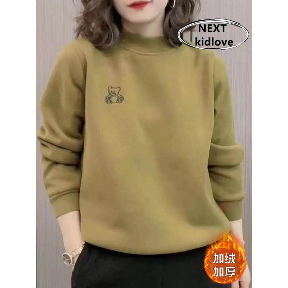 香港欧货大码加绒加厚无帽卫衣女时尚气质百搭减龄保暖上衣秋冬款