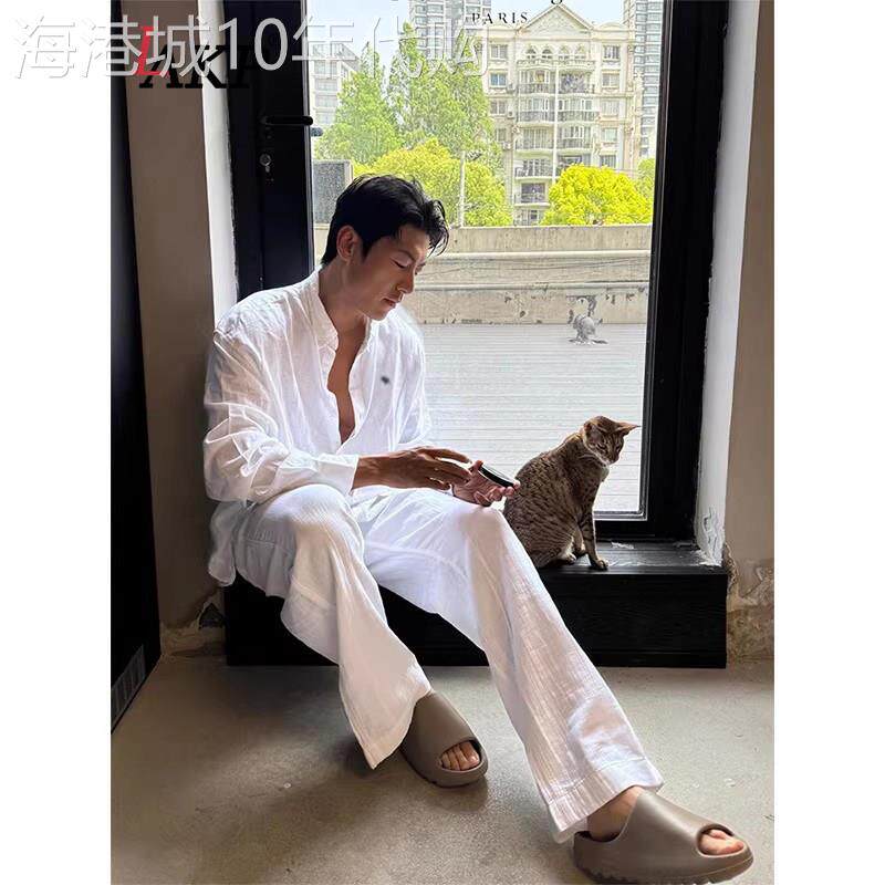高端老钱风冰丝衬衫套装男士夏季2026新款松弛亚麻感穿搭男装一套