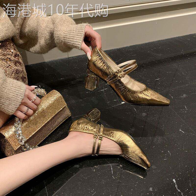 星河鹭起！小金鞋欧美风玛丽珍单鞋时尚水晶异型跟高跟鞋不累脚女