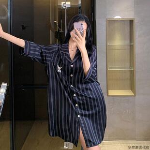 2025年春季卡通条纹男友衬衫睡裙女中长款可外穿真丝明星同款睡衣