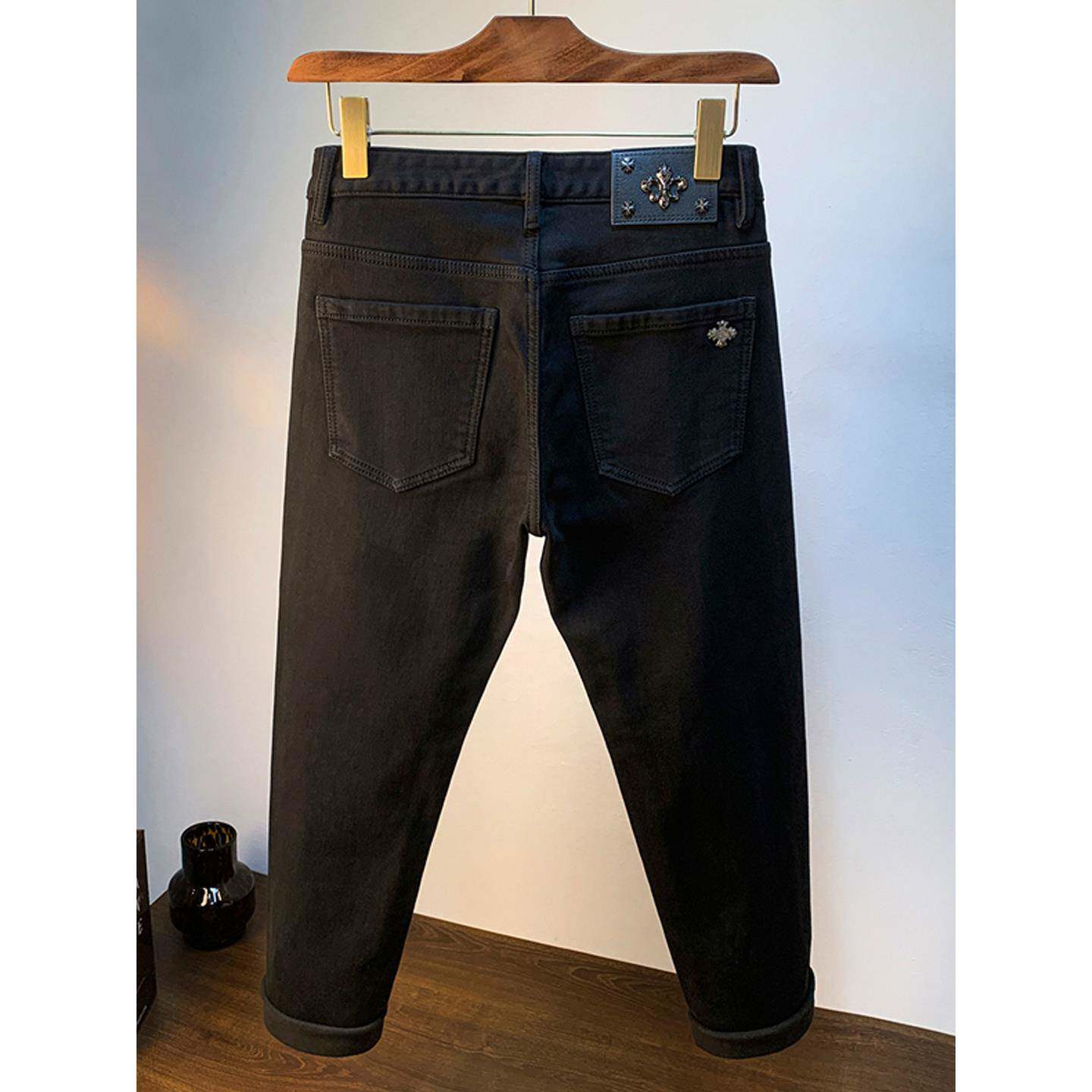 香港潮牌欧洲站黑色牛仔裤男秋冬加绒加厚修身小脚休闲百搭长裤子