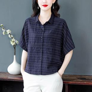 2025新款 休閑棉麻短袖 女士襯衫 夏季 寬松顯瘦條紋上衣媽媽百搭襯衣