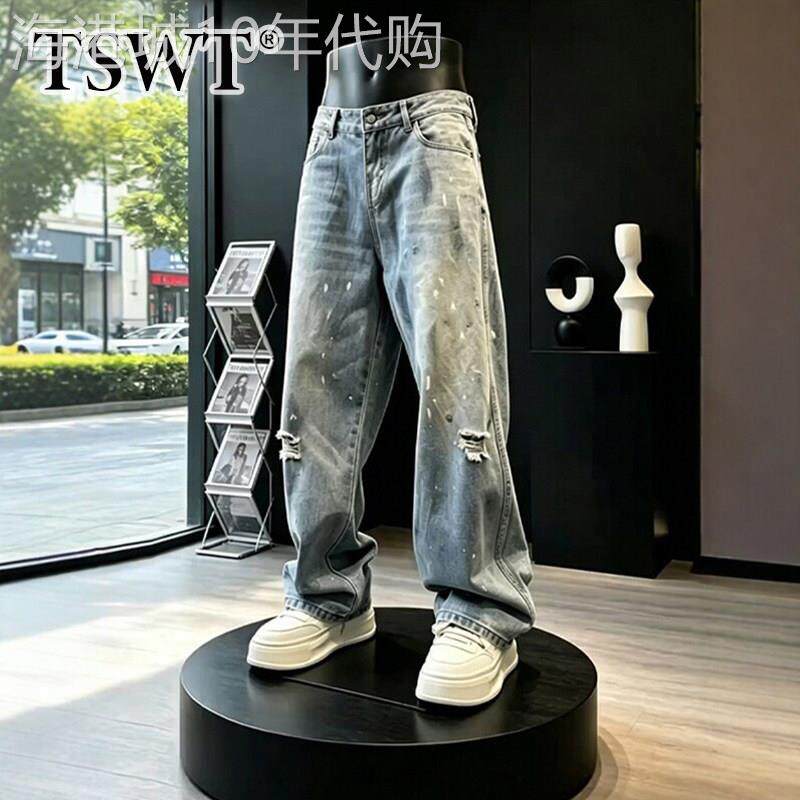 高端蓝色破洞牛仔裤男款夏季2026新款美式水洗宽松阔腿弯刀休闲裤