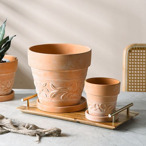 红陶浮雕花盆多肉透气粗陶陶土盆复古做旧文艺庭院陶瓷大号带托盘