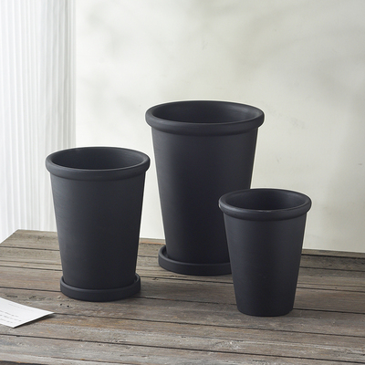 哑光黑色高瘦陶土陶盆兰花朱顶红阳台客厅花园绿植透气花盆带托盘