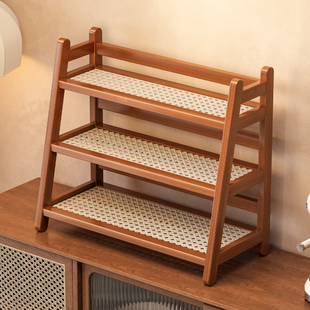 杯子收纳架小型中古风置物架多层家用客厅茶杯厨房台面墙角藤编架