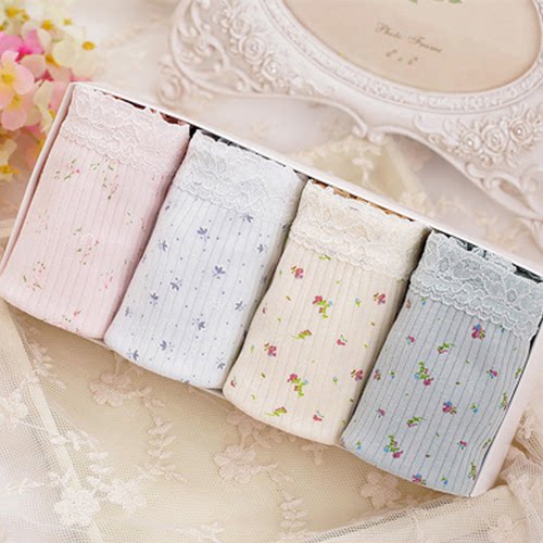 三角裤女高腰纯棉印花蕾丝花边