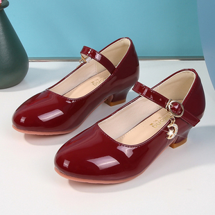 女童软底公主鞋中大童皮鞋表演红色儿童演出走秀主持人礼服高跟鞋