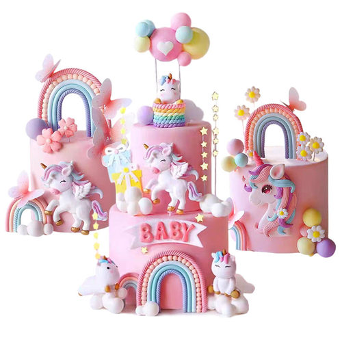 少女心梦幻粉蓝彩虹幻彩独角兽云朵蝴蝶儿童生日蛋糕装饰插牌摆件