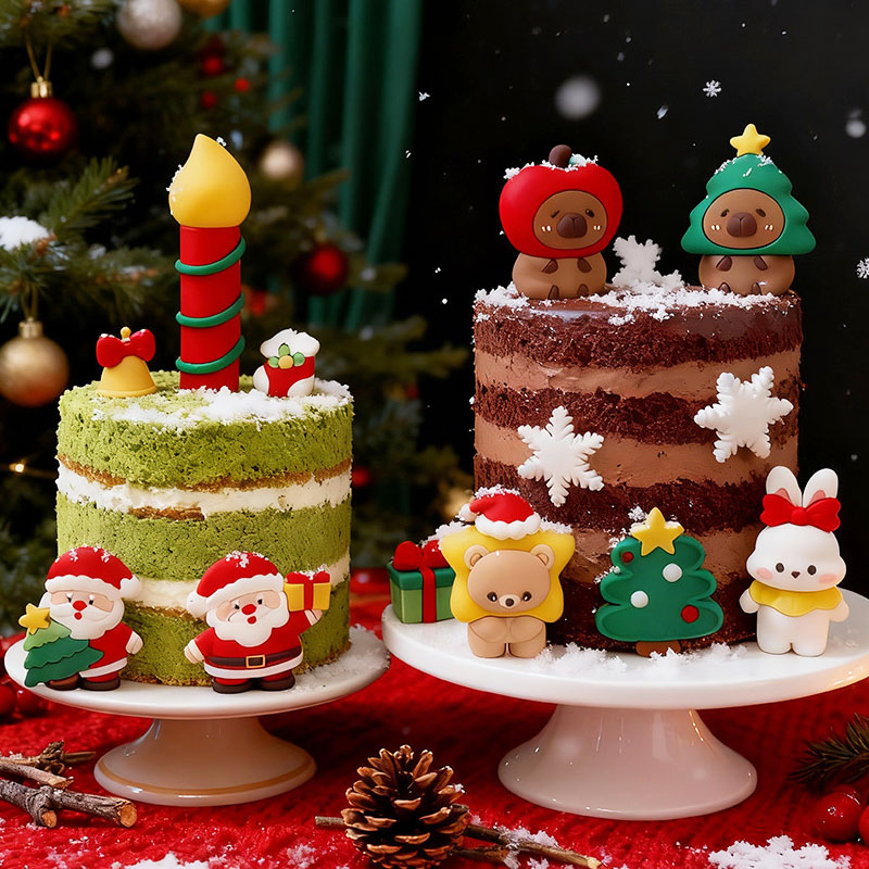 软胶圣诞卡皮巴拉小熊兔子蛋糕装饰摆件圣诞老人圣诞树主题插件