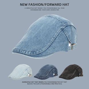 复古牛仔贝雷帽子女英伦文艺报童前进帽日系纯色水洗做旧鸭舌帽男