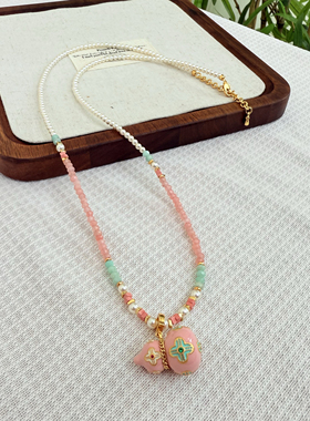 新中式珐琅滴釉粉葫芦珍珠长款项链女小众高级感天然石串珠锁骨链