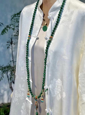 大自然石干青项链原创毛衣链帝王绿新中式国风斜挎链长款双层颈链