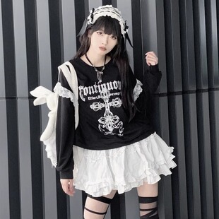 日单亚文化恶魔十字架哥特暗黑原宿风蕾丝袖甜酷少女薄卫衣