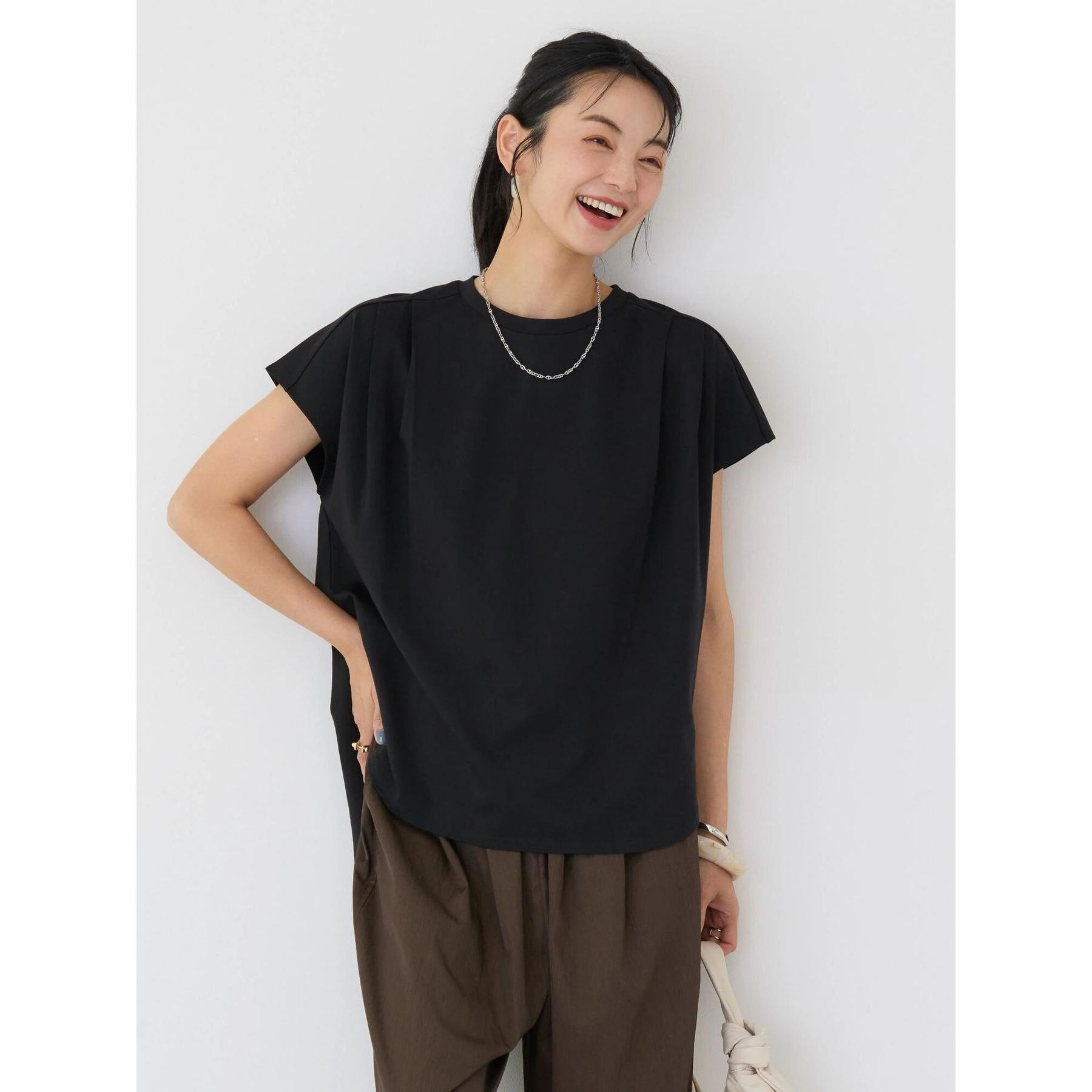 日单宽松小个子女式肩部小褶皱显瘦百搭薄打底纯色无袖T恤套头衫