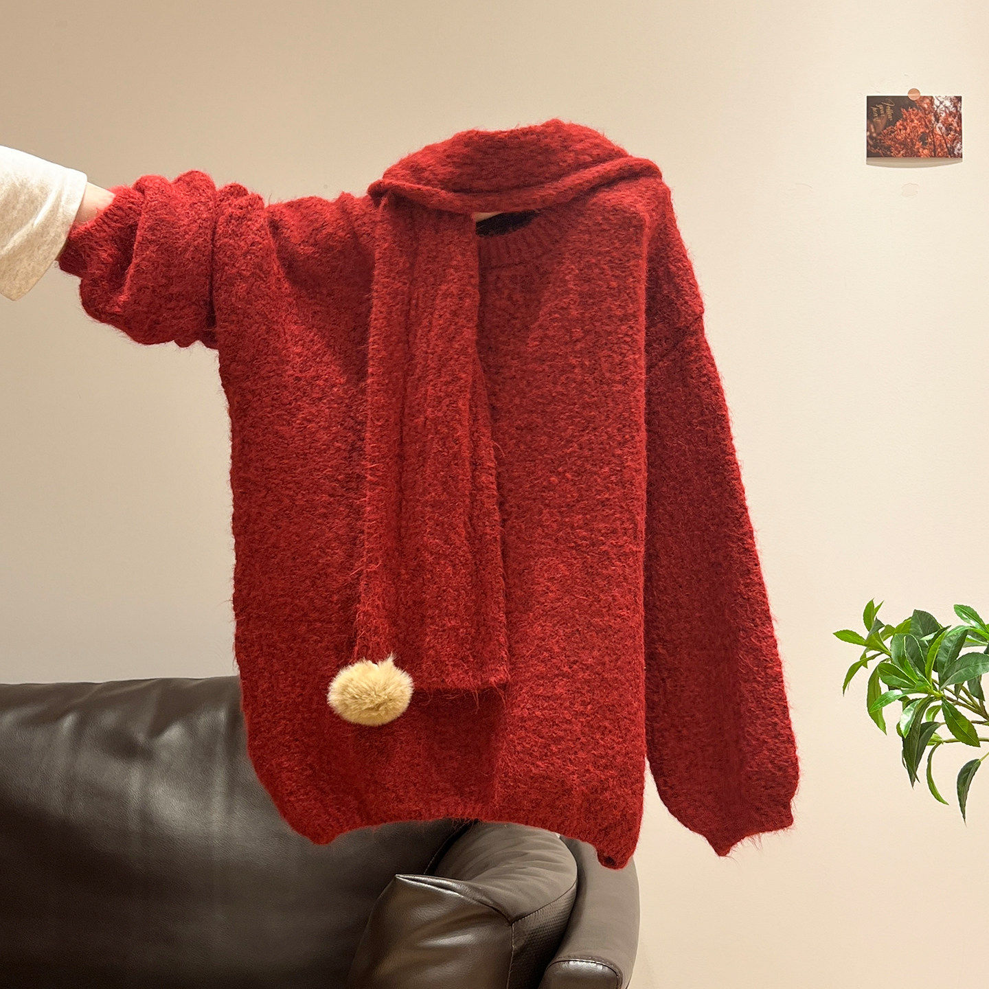 圣诞红色氛围感带围巾加厚针织毛衣外套长袖冬季宽松外穿上衣女装