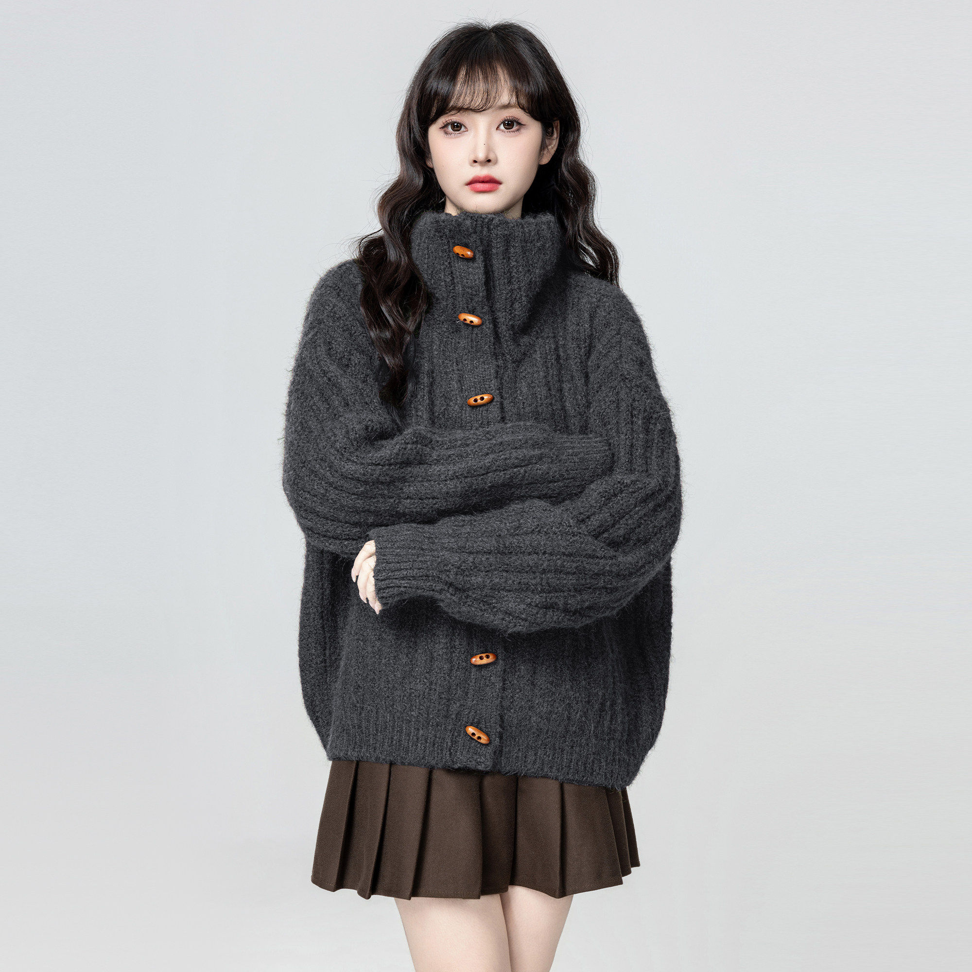 灰色加厚高领毛衣外套女2025秋冬新款牛角扣宽松立领针织开衫上衣,个性定制/设计服务/DIY,棉服工装,淘宝优惠券,粉丝福利购,淘宝优惠卷