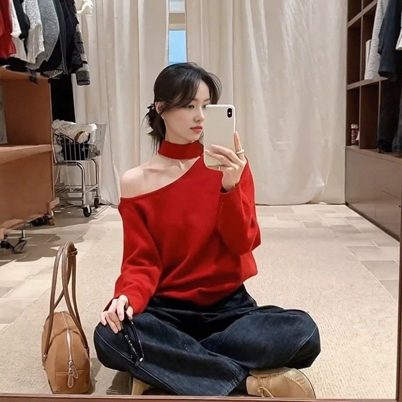 设计感挂脖斜肩红色长袖针织衫女秋冬宽松内搭打底衫毛衣露肩上衣,个性定制/设计服务/DIY,棉服工装,淘宝优惠券,粉丝福利购,淘宝优惠卷