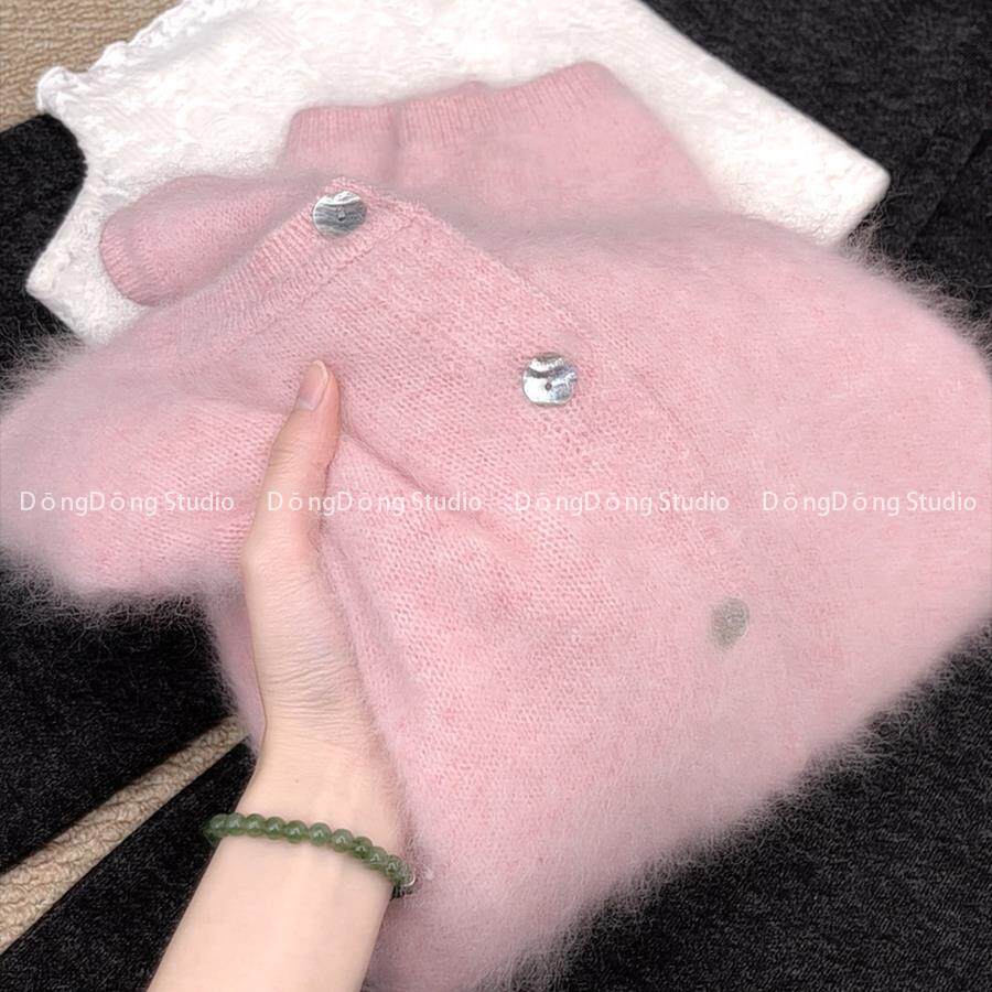 新粉必入冬季温柔慵懒风软糯浣熊绒毛衣女粉色圆领甜美拉绒针织