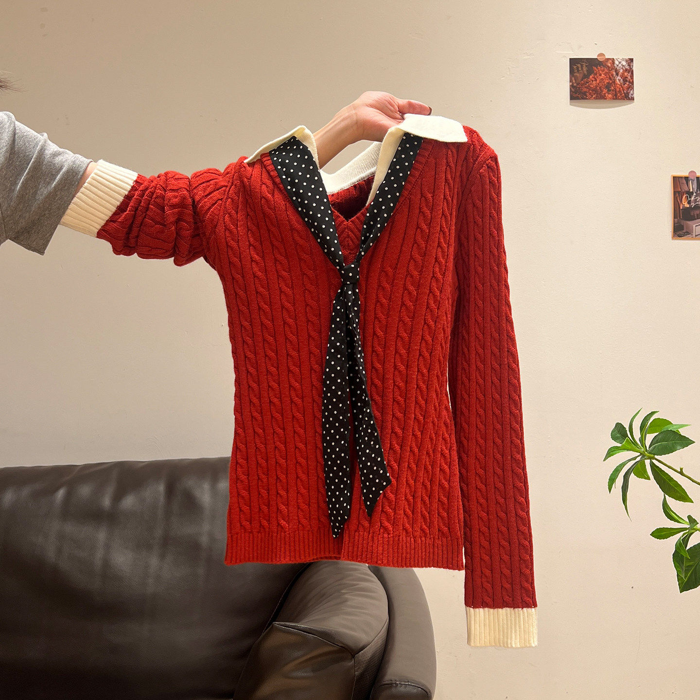 新年红色修身针织衫女假两件绑带毛衣冬季polo领打底长袖上衣内搭,个性定制/设计服务/DIY,棉服工装,淘宝优惠券,粉丝福利购,淘宝优惠卷