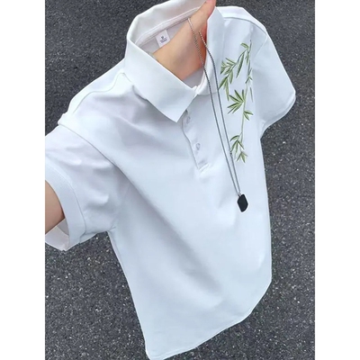 白色青竹刺绣polo衫短袖男夏季cleanfit高级感正肩t恤冰丝半截袖