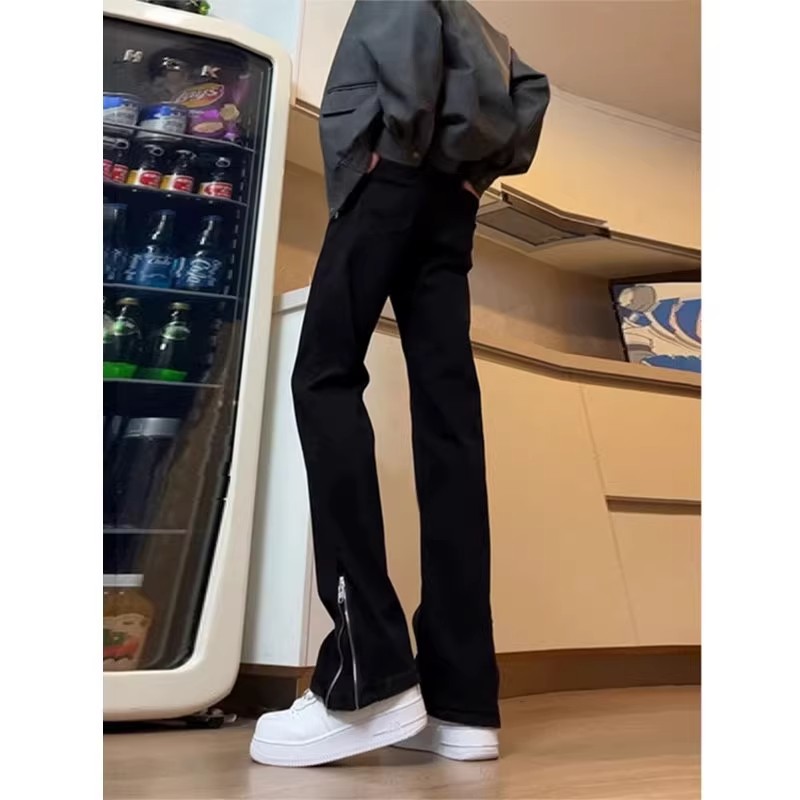 黑色侧拉链柳叶弯刀牛仔裤男款秋季美式高街vibe直筒修身微喇叭裤