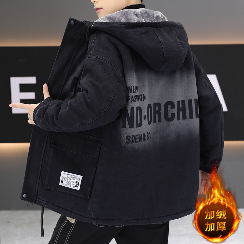 中长款棉衣外套男秋冬季加绒加厚牛仔夹克青少年休闲连帽棉服冬装