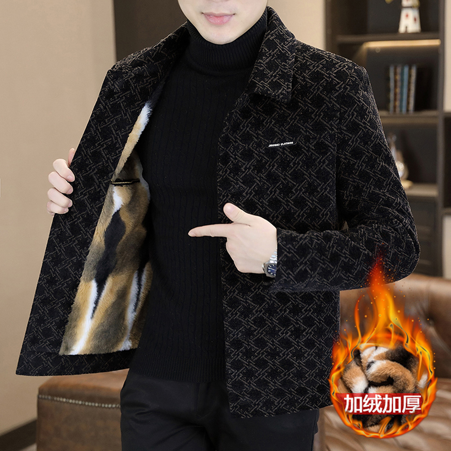 秋冬季毛呢大衣男短款加绒加厚格子翻领韩版高端保暖呢子夹克外套